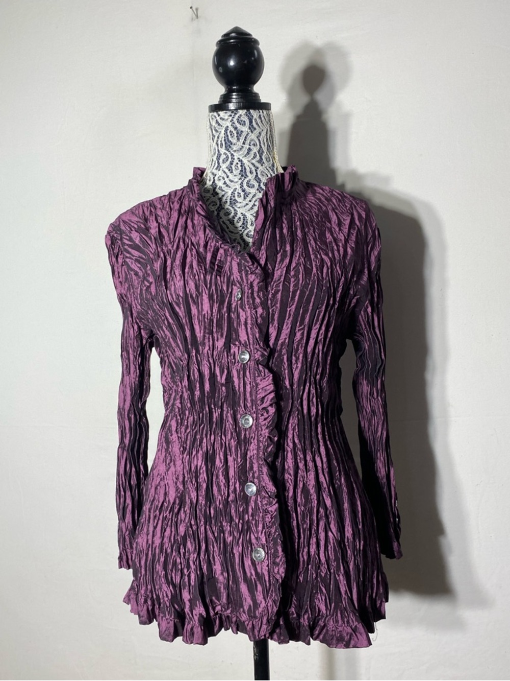 Vintage 90s Y2K Tabi Purple Crushed Texture Long Sleeve Button Front Top XL